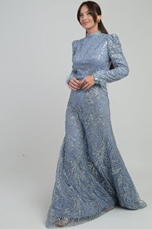 Kadın Kolu Tüylü Boncuk Ve Pullu Astarlı Tül Uzun Elbise