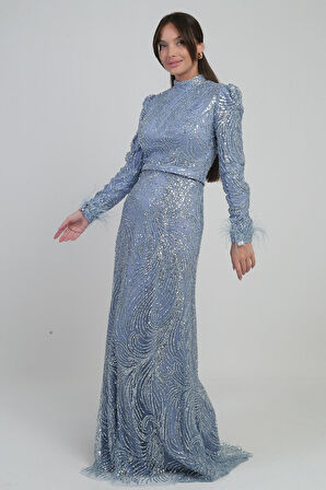 Kadın Kolu Tüylü Boncuk Ve Pullu Astarlı Tül Uzun Elbise