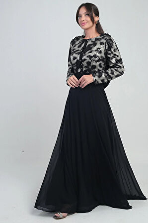 Kadın Çiçekli Kemer Detaylı Üstü Pullu Astarlı Şifon Uzun Elbise