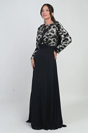 Kadın Çiçekli Kemer Detaylı Üstü Pullu Astarlı Şifon Uzun Elbise