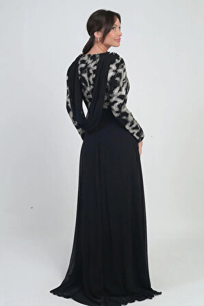 Kadın Çiçekli Kemer Detaylı Üstü Pullu Astarlı Şifon Uzun Elbise