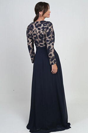 Kadın Çiçekli Kemer Detaylı Üstü Pullu Astarlı Şifon Uzun Elbise