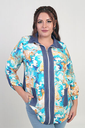 Kadın Önü Fermuarlı Desenli Büyük Beden Kot Gömlek