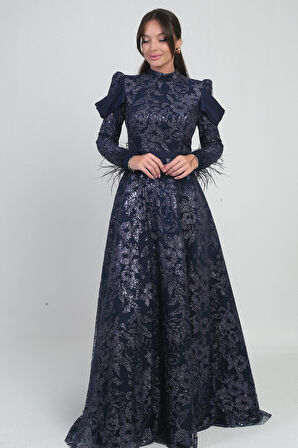 Kadın Kol ucu Tüylü Boncuk Sim Detaylı Astarlı Uzun Elbise