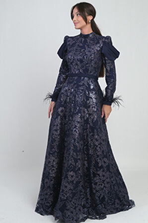 Kadın Kol ucu Tüylü Boncuk Sim Detaylı Astarlı Uzun Elbise