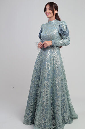 Kadın Kol ucu Tüylü Boncuk Sim Detaylı Astarlı Uzun Elbise