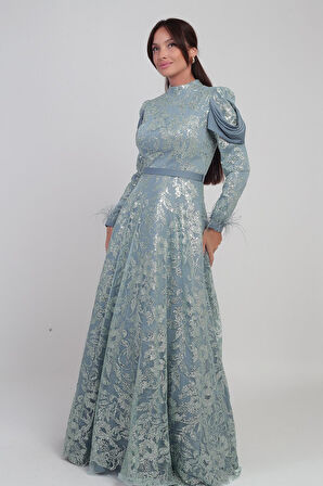 Kadın Kol ucu Tüylü Boncuk Sim Detaylı Astarlı Uzun Elbise