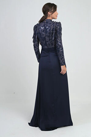 Kadın Üstü Pul Sim Detaylı Eteği Büzgülü Astarlı Şifon Uzun Elbise