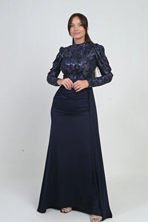 Kadın Üstü Pul Sim Detaylı Eteği Büzgülü Astarlı Şifon Uzun Elbise