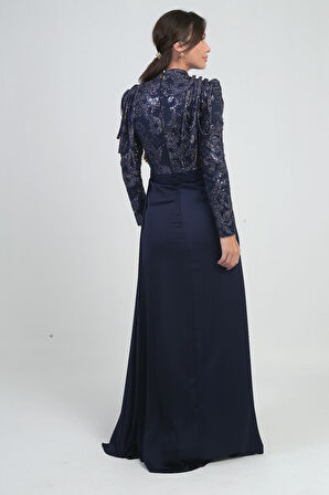 Kadın Üstü Pul Sim Detaylı Eteği Büzgülü Astarlı Şifon Uzun Elbise