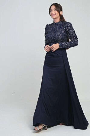 Kadın Üstü Pul Sim Detaylı Eteği Büzgülü Astarlı Şifon Uzun Elbise