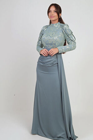 Kadın Üstü Pul Sim Detaylı Eteği Büzgülü Astarlı Şifon Uzun Elbise