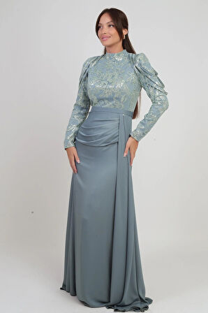 Kadın Üstü Pul Sim Detaylı Eteği Büzgülü Astarlı Şifon Uzun Elbise