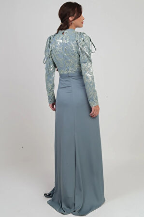 Kadın Üstü Pul Sim Detaylı Eteği Büzgülü Astarlı Şifon Uzun Elbise