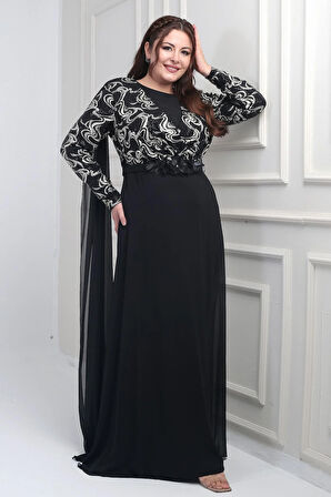 Kadın Kruvaze Yaka Görünümlü Pullu Astarlı Şifon Uzun B.B. Elbise