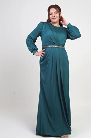 Kadın Kruvaze Yaka Görünümlü Pileli Astarlı Uzun Saten B.B. Elbise