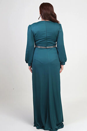 Kadın Kruvaze Yaka Görünümlü Pileli Astarlı Uzun Saten B.B. Elbise