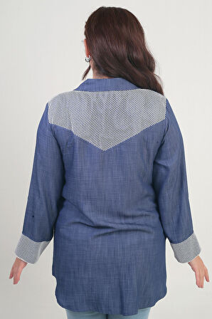 Kadın Önü Fermuarlı Desenli Büyük Beden Kot Gömlek