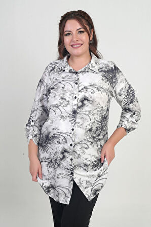 Kadın Kol Katlamalı Batik Desenli Büyük Beden Uzun Gömlek