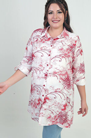 Kadın Kol Katlamalı Batik Desenli Büyük Beden Uzun Gömlek