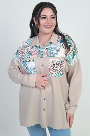 Kadın Düşük Kollu Çift Cepli Desenli Büyük Beden Gömlek