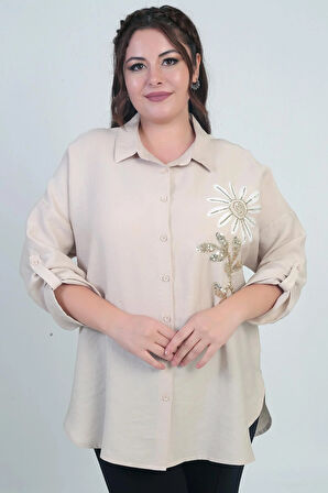 Kadın Kol Katlamalı Çiçek Aplikeli Yanları Yırtmaçlı Büyük Beden Gömlek