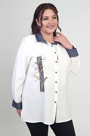 Kadın Önü Nakış İşlemeli Kot Aplikeli Büyük Beden Lyocell Gömlek