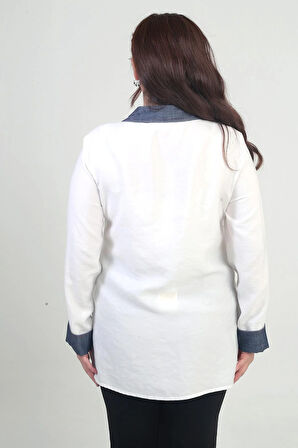 Kadın Önü Nakış İşlemeli Kot Aplikeli Büyük Beden Lyocell Gömlek