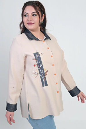 Kadın Önü Nakış İşlemeli Kot Aplikeli Büyük Beden Lyocell Gömlek