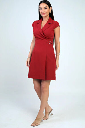 Kadın Kruvaze Yaka Toka Detaylı Eteği Pileli Likralı Krep Elbise