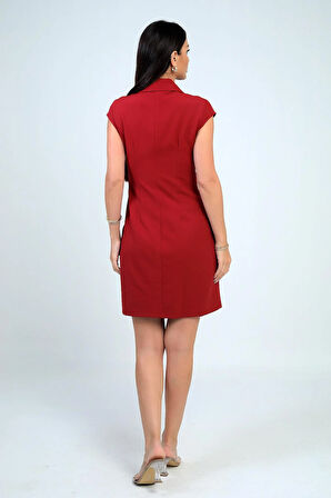 Kadın Kruvaze Yaka Toka Detaylı Eteği Pileli Likralı Krep Elbise