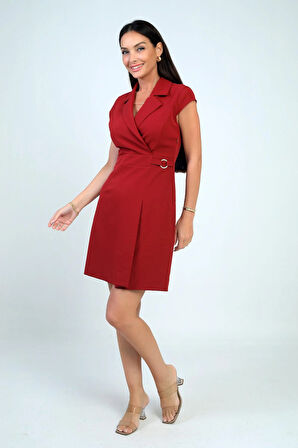 Kadın Kruvaze Yaka Toka Detaylı Eteği Pileli Likralı Krep Elbise