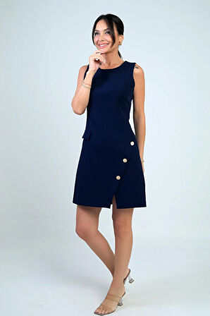 Kadın Yuvarlak Yaka Kolsuz Önü Düğme Detaylı Elbise