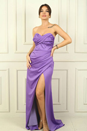 Kadın Straplez Ön Roba Büzgü Etek Kruvaze Yırtmaçlı Elbise