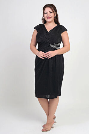 Kadın Kruvaze Yaka Çift Taş Detaylı Astarlı Yarım Ay Kollu Likralı Büyük Beden Simli Elbise