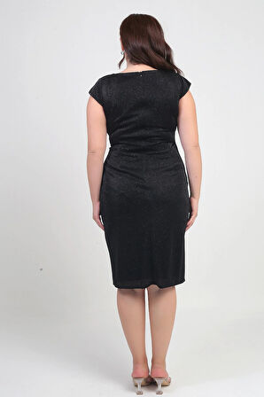 Kadın Kruvaze Yaka Çift Taş Detaylı Astarlı Yarım Ay Kollu Likralı Büyük Beden Simli Elbise