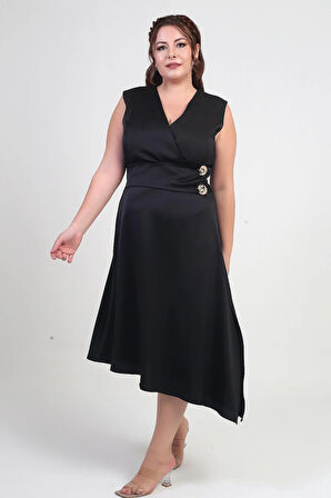 Kadın Kruvaze Yaka Düğme Detaylı Asimetrik Büyük Beden Krep Saten Elbise