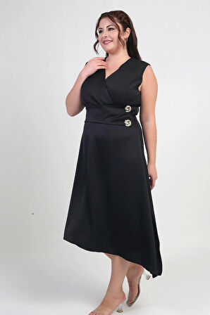 Kadın Kruvaze Yaka Düğme Detaylı Asimetrik Büyük Beden Krep Saten Elbise