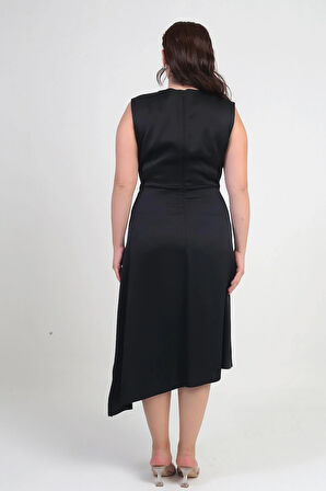 Kadın Kruvaze Yaka Düğme Detaylı Asimetrik Büyük Beden Krep Saten Elbise