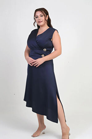 Kadın Kruvaze Yaka Düğme Detaylı Asimetrik Büyük Beden Krep Saten Elbise