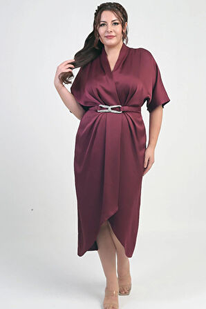 Kadın Kruvaze Yaka Kısa Yarasa Kollu Çift Pileli Krep Saten Büyük Beden Midi Tasarım Elbise