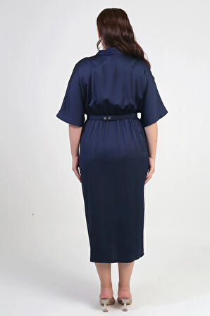 Kadın Kruvaze Yaka Kısa Yarasa Kollu Çift Pileli Krep Saten Büyük Beden Midi Tasarım Elbise