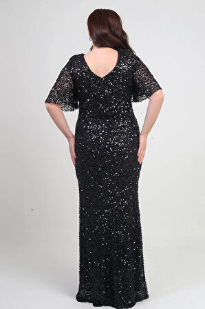 Kadın Degaje Yaka Kısa Kollu Astarlı Pullu Büyük Beden Likralı Elbise