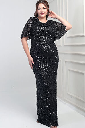 Kadın Degaje Yaka Kısa Kollu Astarlı Pullu Büyük Beden Likralı Elbise