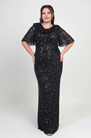 Kadın Degaje Yaka Kısa Kollu Astarlı Pullu Büyük Beden Likralı Elbise