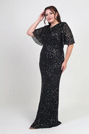 Kadın Degaje Yaka Kısa Kollu Astarlı Pullu Büyük Beden Likralı Elbise