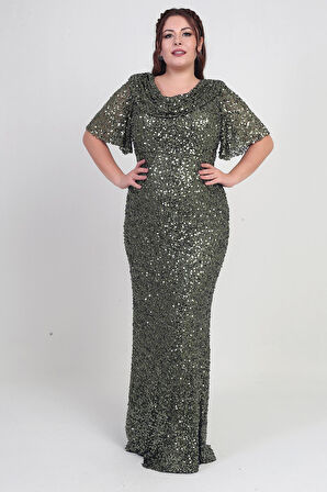 Kadın Degaje Yaka Kısa Kollu Astarlı Pullu Büyük Beden Likralı Elbise