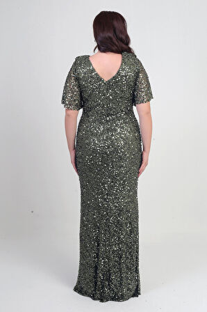 Kadın Degaje Yaka Kısa Kollu Astarlı Pullu Büyük Beden Likralı Elbise