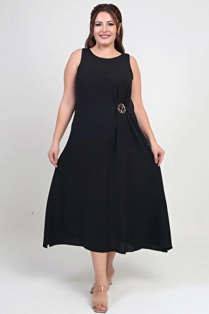 Kadın Yuvarlak Yaka Astarlı Metal Detaylı Büyük Beden Krep Midi Tasarım Elbise