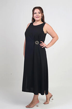 Kadın Yuvarlak Yaka Astarlı Metal Detaylı Büyük Beden Krep Midi Tasarım Elbise